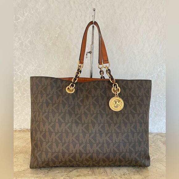 MICHAEL KORS Brown logo signature chain tote shoulder bag